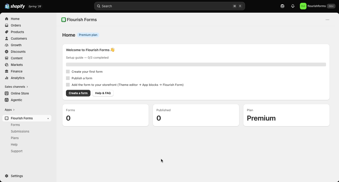 Flourish Forms home screen with the setup guide and form/plan cards