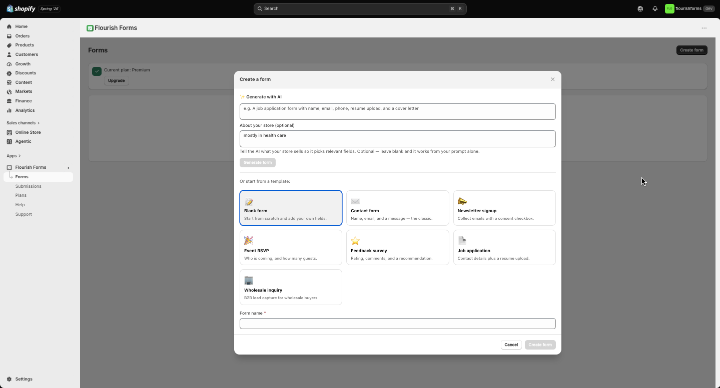 Create-a-form modal with AI generation and the template gallery