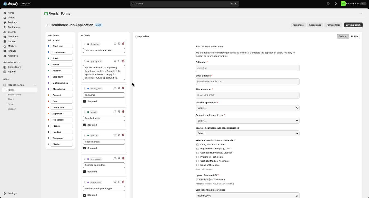 An AI-generated healthcare job application open in the builder