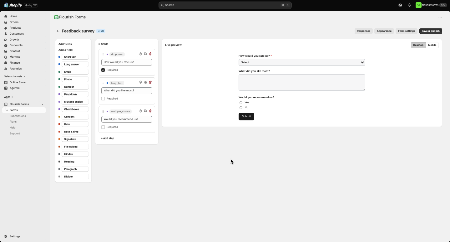 The Flourish Forms builder: field palette, fields list, and live preview