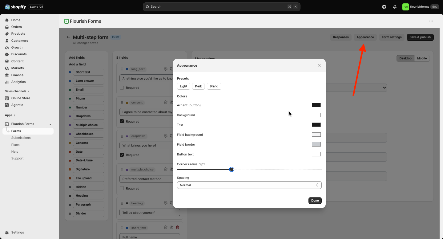Appearance panel with presets, colours, corner radius, and spacing controls