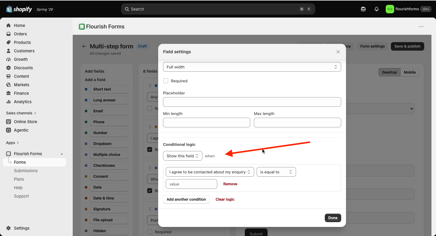 Field settings with a conditional-logic rule: show this field when a condition is met
