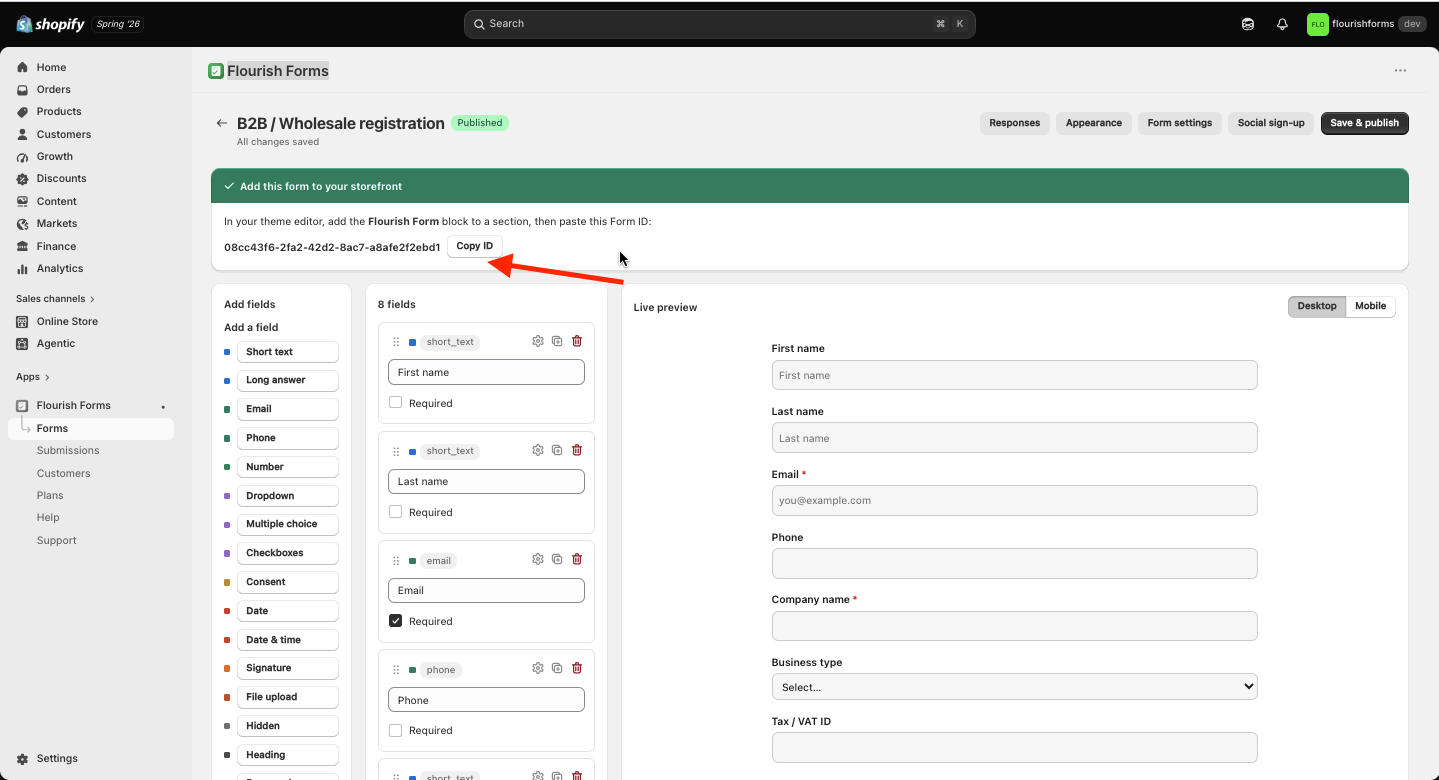 Publishing a form and copying its Form ID from the builder