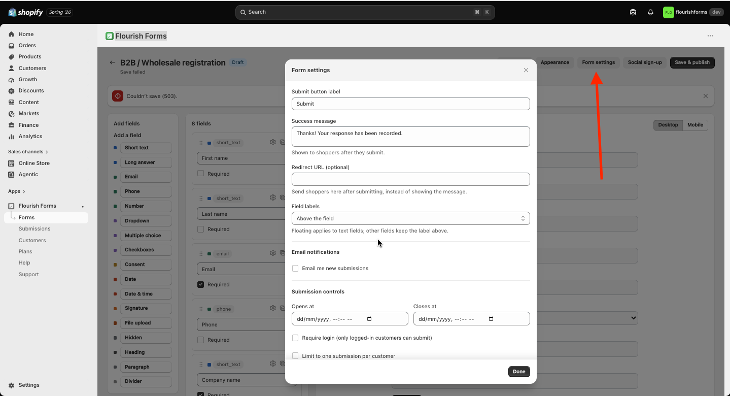 Form settings: submit button text, success message, redirect URL, and submission limits
