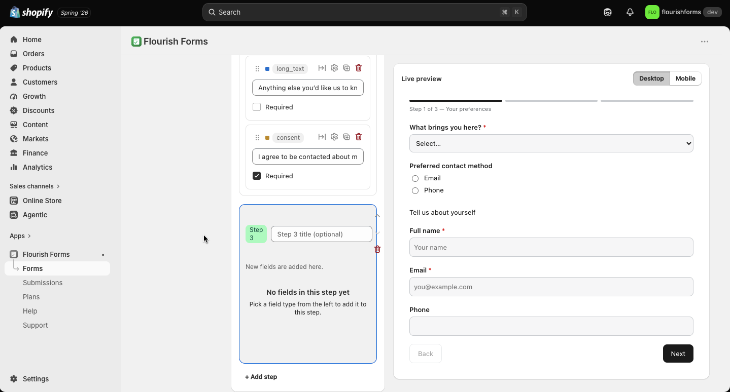 A 3-step form in the builder with step headers and a progress bar in the live preview