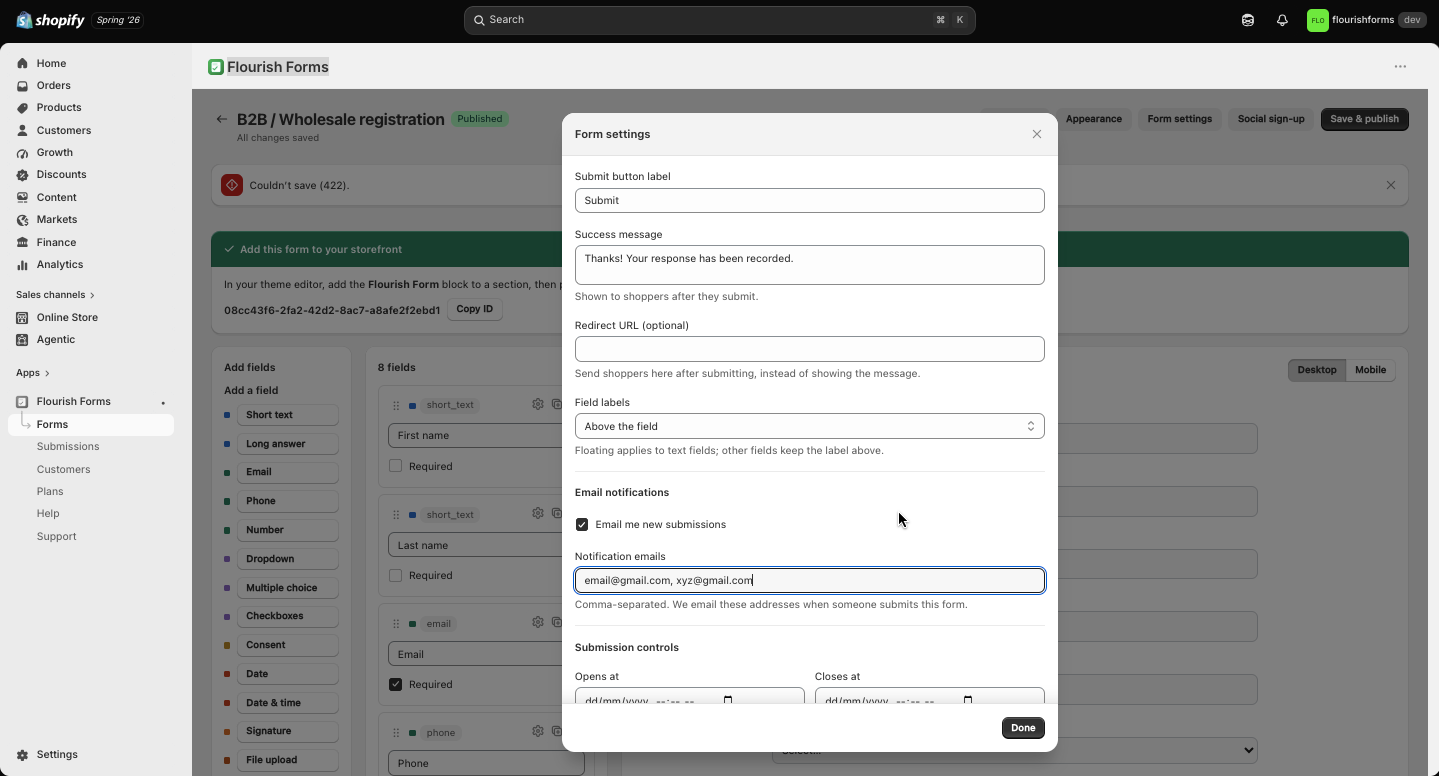 Email notification settings: recipient address and custom email content