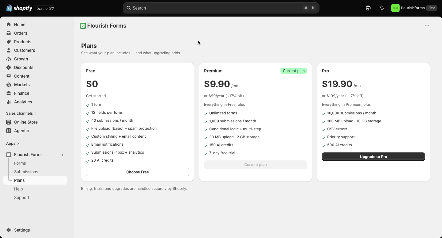 Plans page showing Free, Premium, and Pro with their limits and features