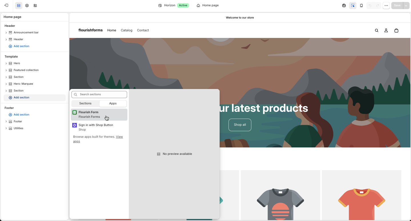 Shopify theme editor Apps panel with the Flourish Form block ready to add